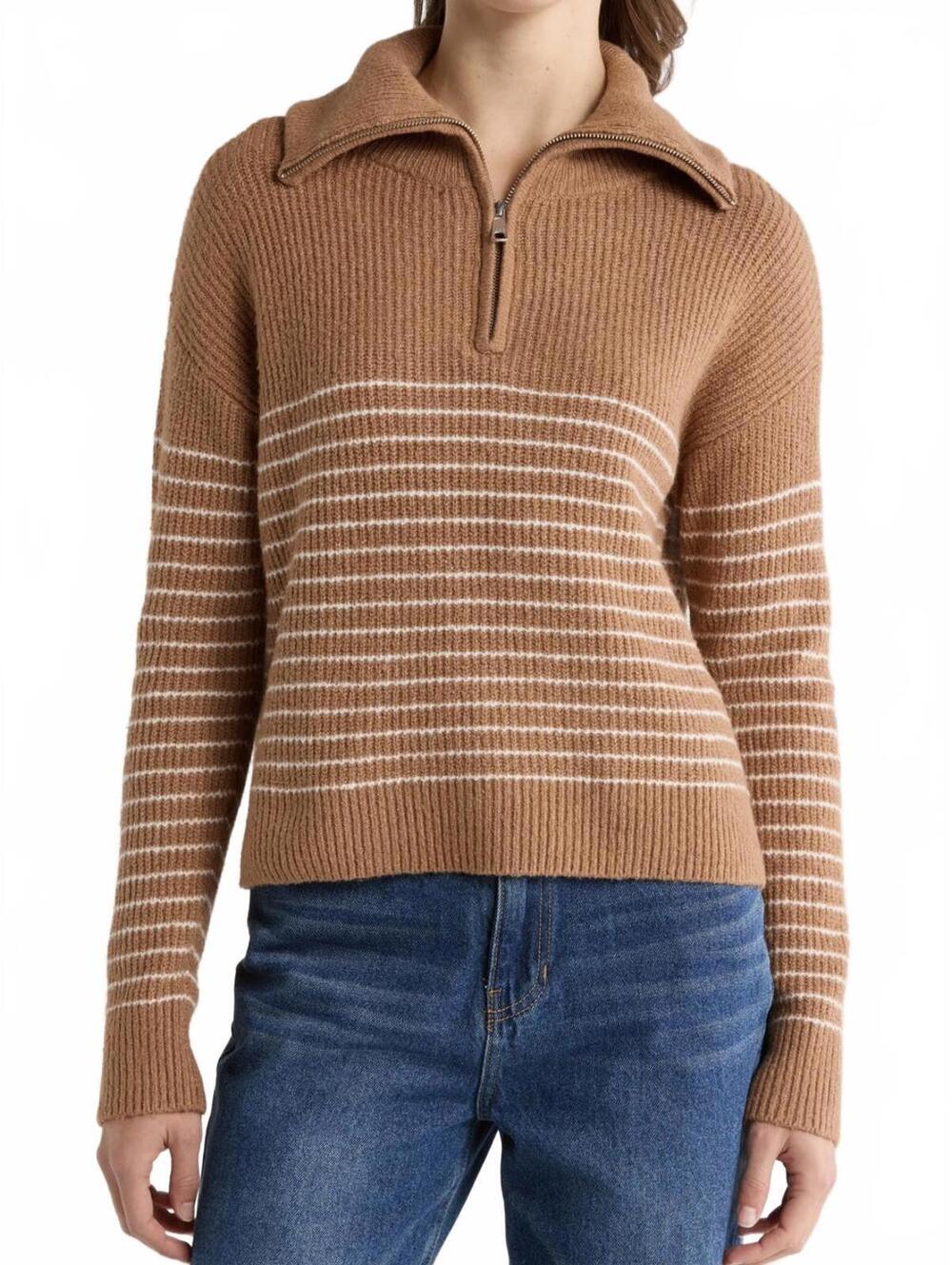 Abound Cotton Blend Stripe Quarter Zip Sweater Tan White Bretton NWT Large